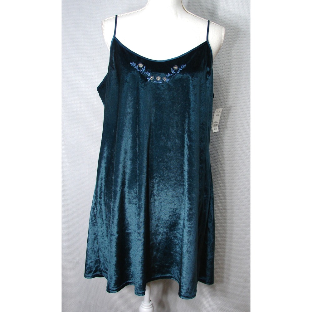 New Vtg Delicates Velvet Embroidered Babydoll Dress Night Gown Y2K Teal Blue L